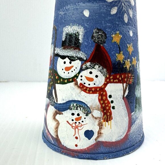Vintage Christmas Lighthouse Candle Tea Light Snowman Winter Luminary Blue Metal - Picture 2 of 9